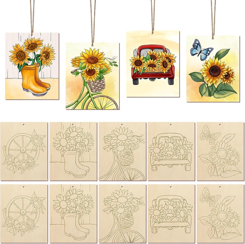 COCHIE 10 Pieces Large Sunflowers Unfinished Wood Crafts to Paint for Adults, Bulk Predrilled Wooden Ornaments for Painting, Summer Sunflower Paintable Wood Slices Craft Supplies with Ropes - Image 1